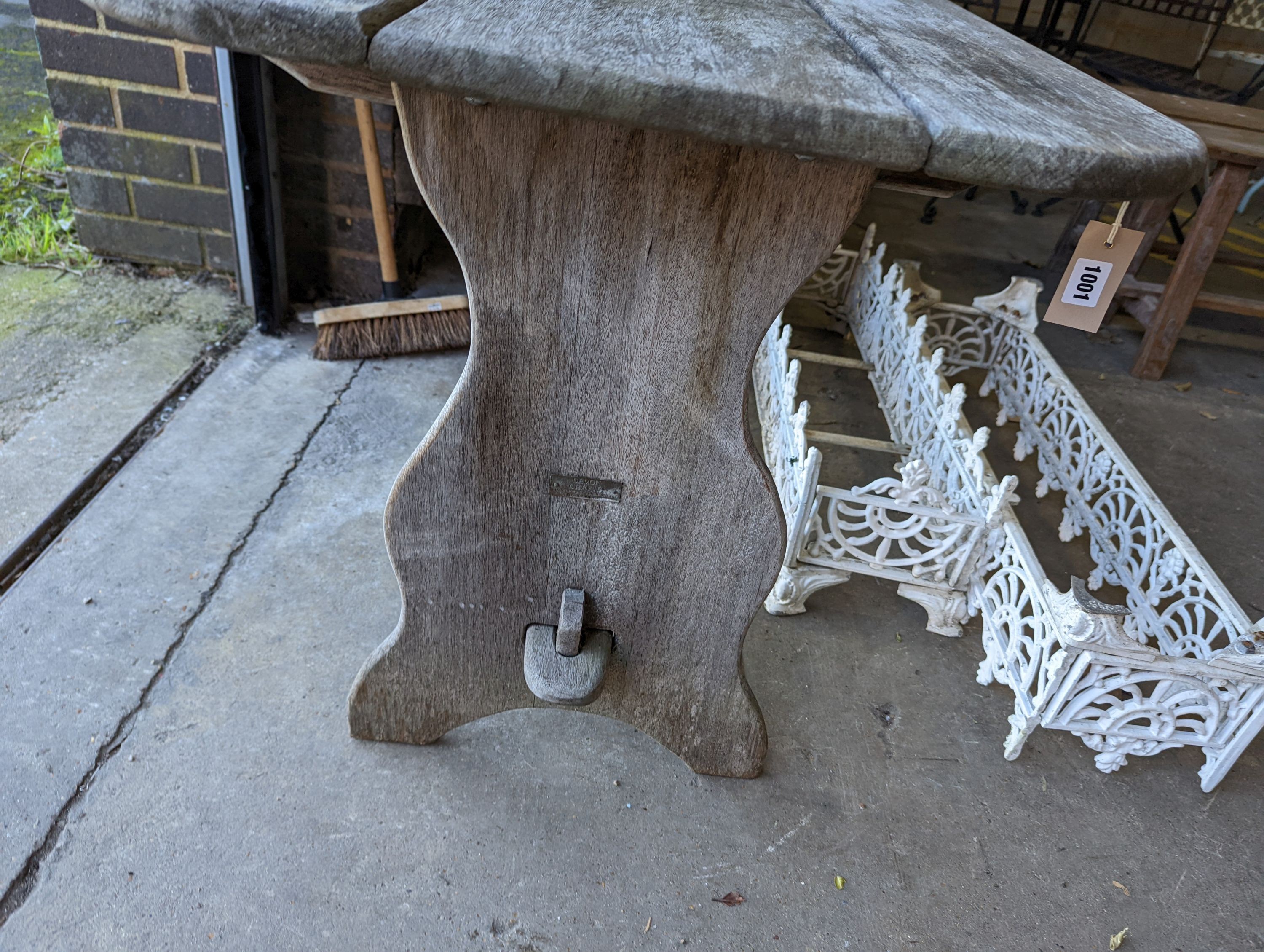 A rectangular weathered teak garden table, length 120cm, depth 62cm, height 65cm